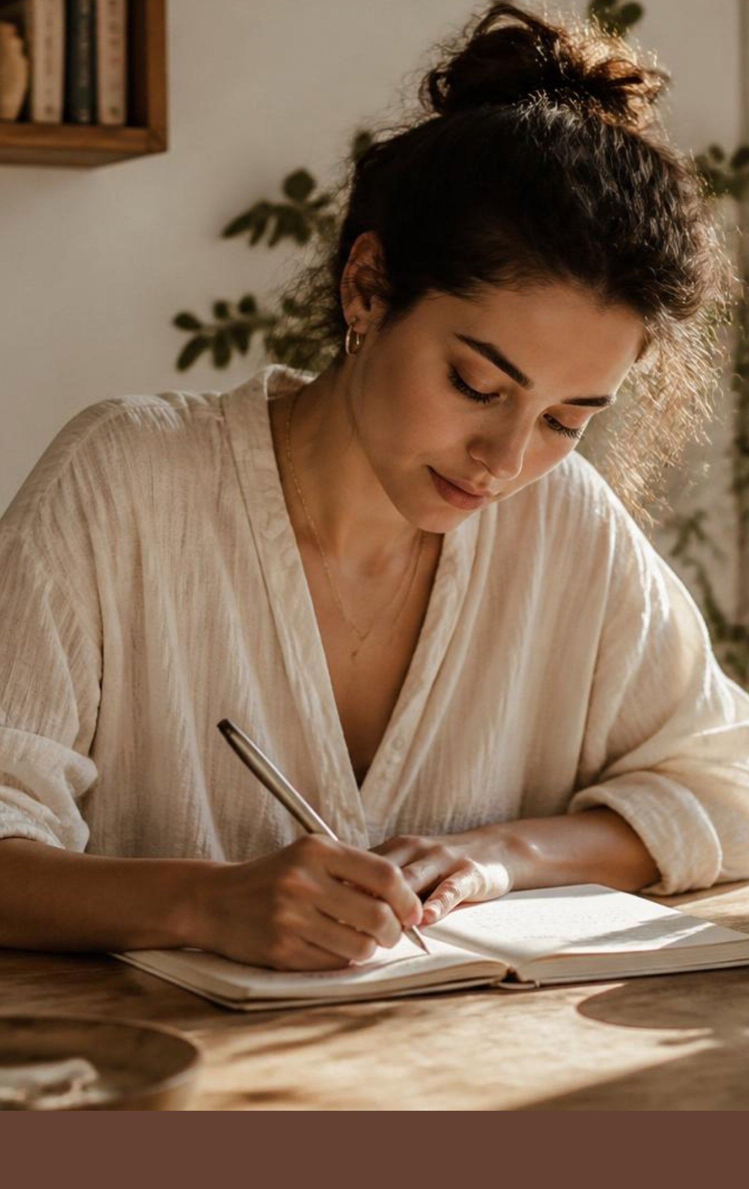 Mulher escrevendo em um caderno durante um momento de autocuidado